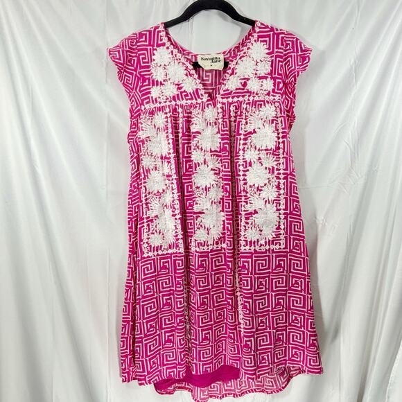Savanna Jane Pink Embroidered Boho Shift Dress Med Cap Sleeve Geometric Floral - Picture 2 of 6